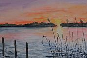 <b>Abendstimmung am See</b><br> Technik: Aquarell<br>Format: 24 x 30 cm<br>Handgemalt