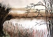 <b>Moorlandschaft</b><br> Technik: Aquarell<br> Format: 30 x 40 cm<br>Handgemalt